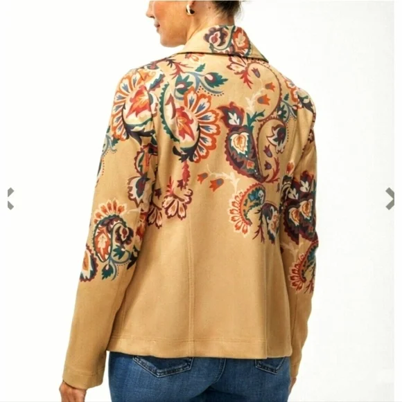 CHICO'S ARTISANAL TAN FAUX SUEDE WOMEN'S JACKET WITH MULTICOLOR PAISLEY DESIGNS - Picture 7 of 12